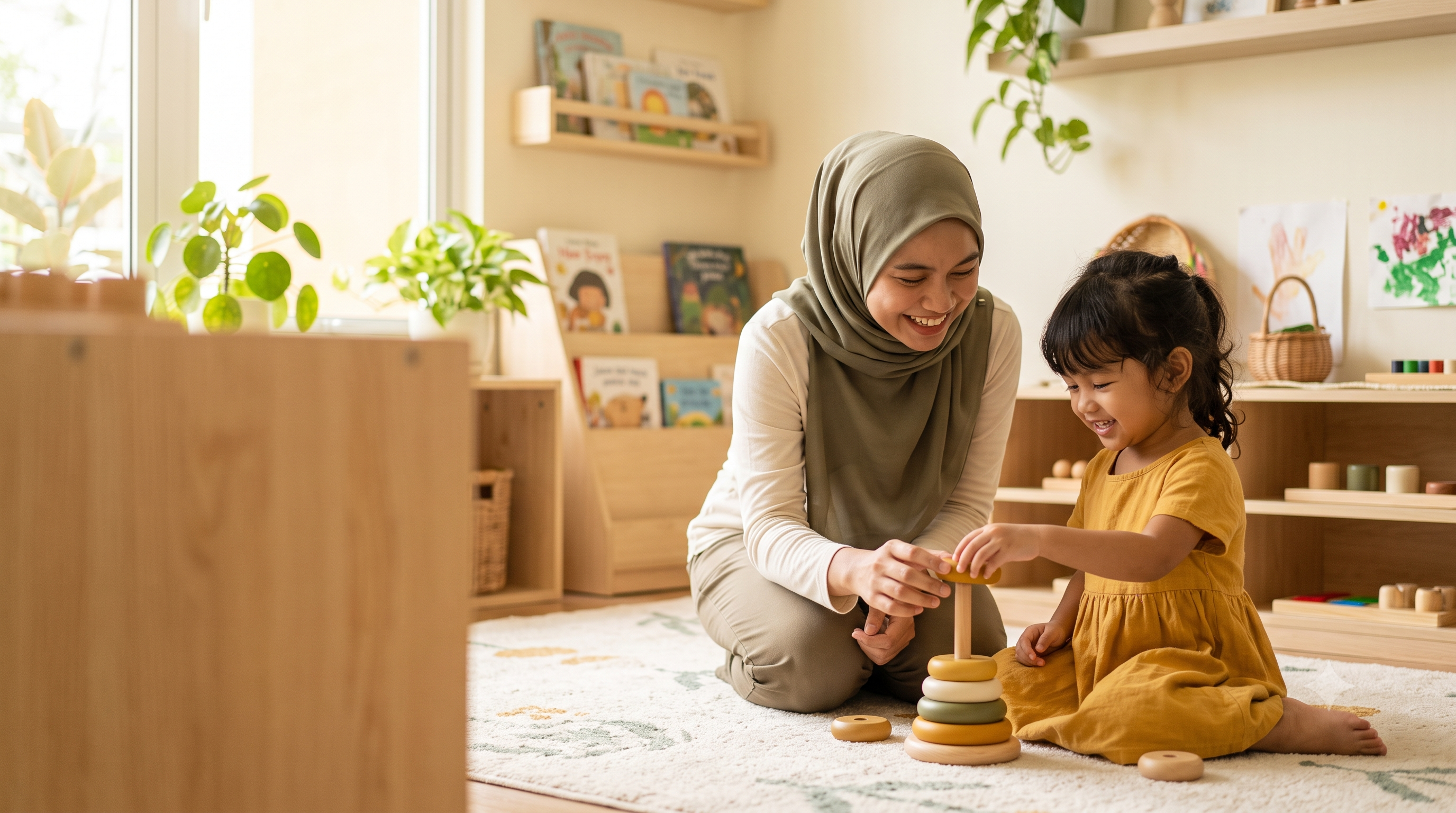 A carer and a young child smiling together while playing with a wooden stacking toy