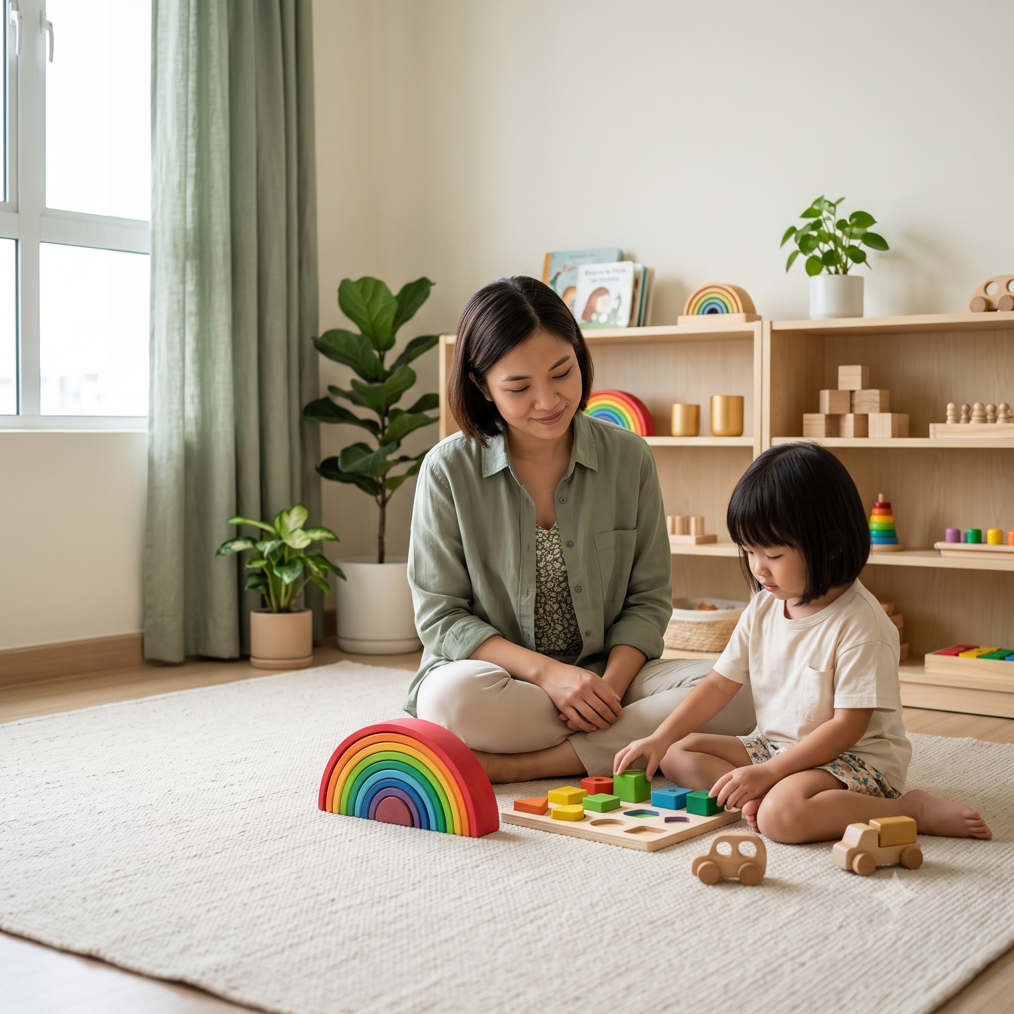 A therapist observing a child during a play-based assessment activity