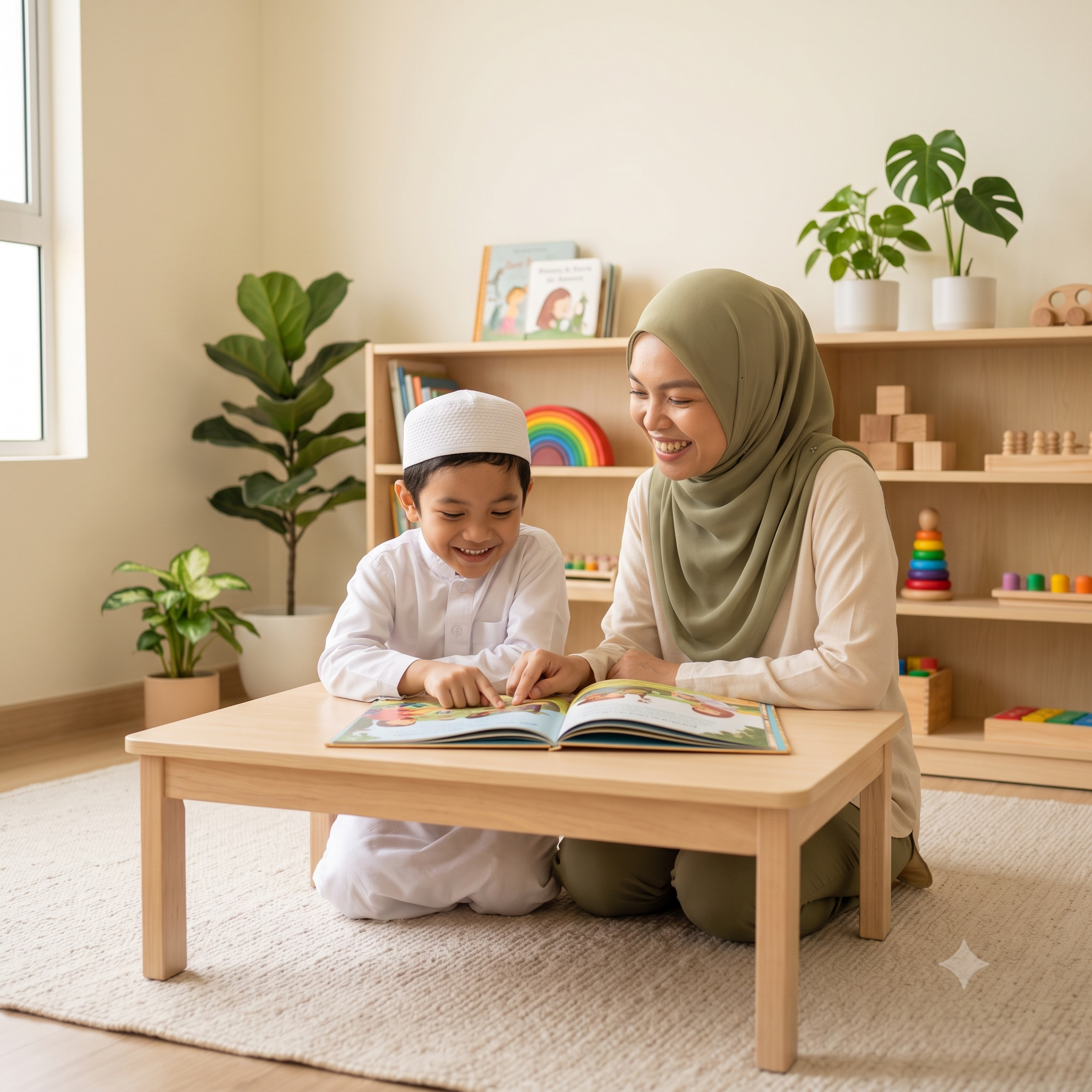 A teacher reading an illustrated storybook together with a young boy