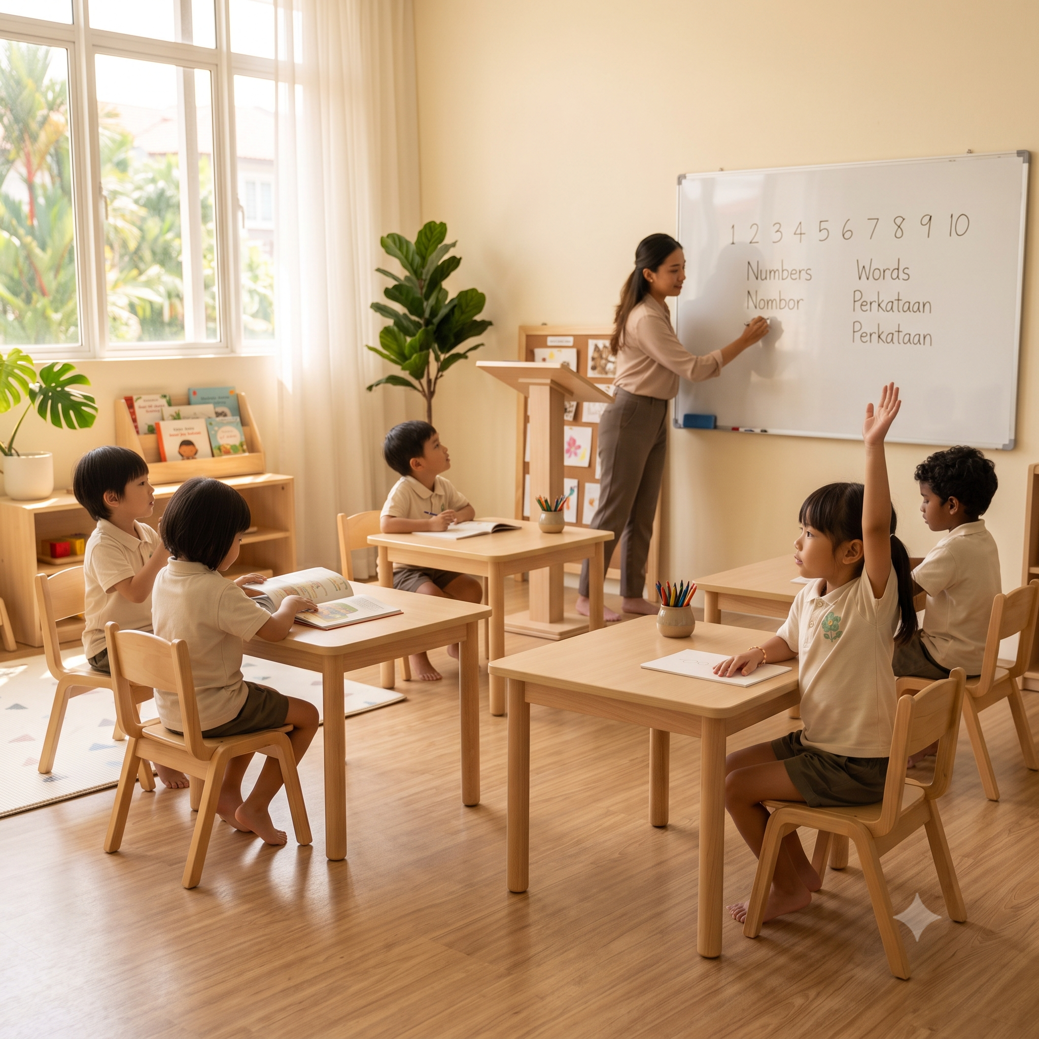 A teacher at a whiteboard with young students seated at desks in a classroom