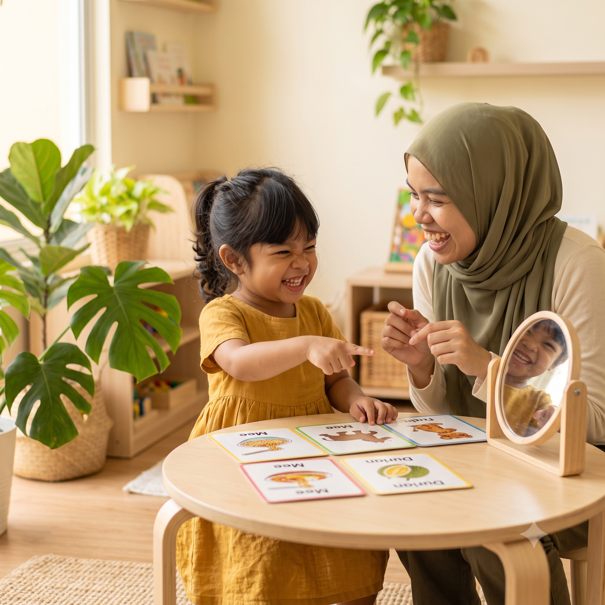 A speech therapist laughing with a child during a mirror and word-card exercise